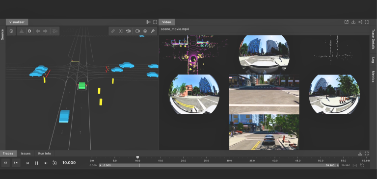 Foretellix's Foretify software visualizing an intersection scenario, integrating multi-sensor simulated camera views and 3D scenario animations for scalable, efficient, and safe testing of AI-powered autonomous vehicle stacks.