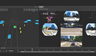 Foretellix's Foretify software visualizing an intersection scenario, integrating multi-sensor simulated camera views and 3D scenario animations for scalable, efficient, and safe testing of AI-powered autonomous vehicle stacks.